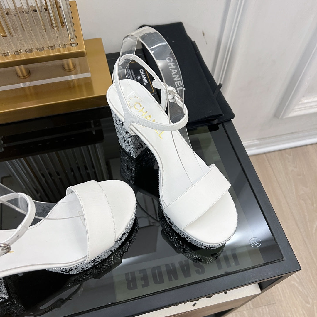 CHANEL SANDALS leather satin white