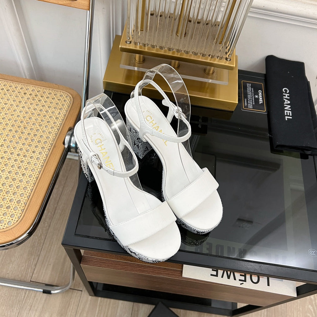 CHANEL SANDALS leather satin white