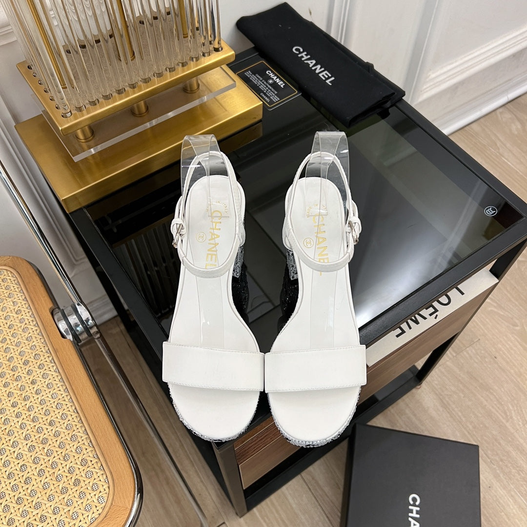 CHANEL SANDALS leather satin white