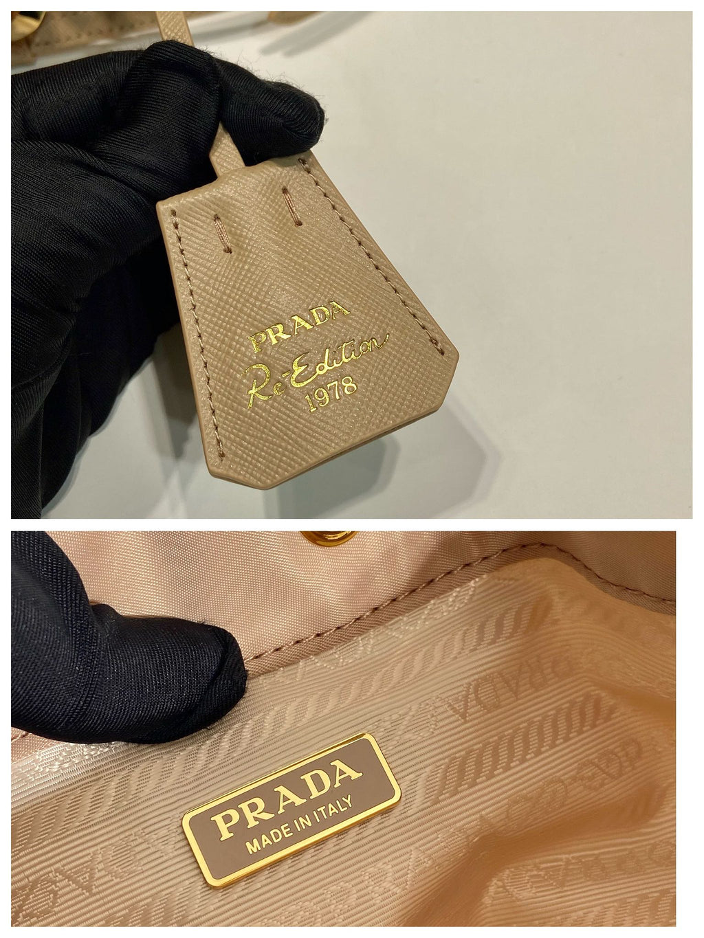 PRADA BUCKET BAG 19 IN BEIGE RE-NYLON AND SAFFIANO LEATHER HANDLE