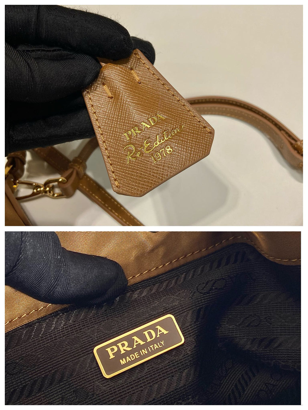 PRADA BUCKET BAG 19 IN RUSSET BROWN RE-NYLON AND CALFSKIN HANDLE