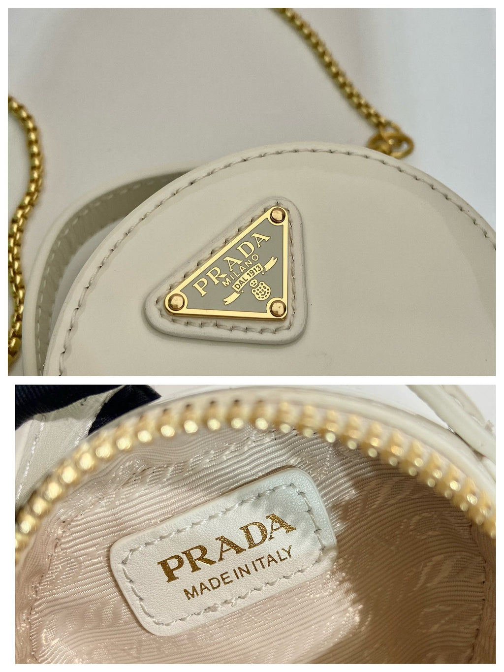 PRADA MINI ROUND BAG 8 IN WHITE GLOSSY CALFSKIN GOLD HARDWARE