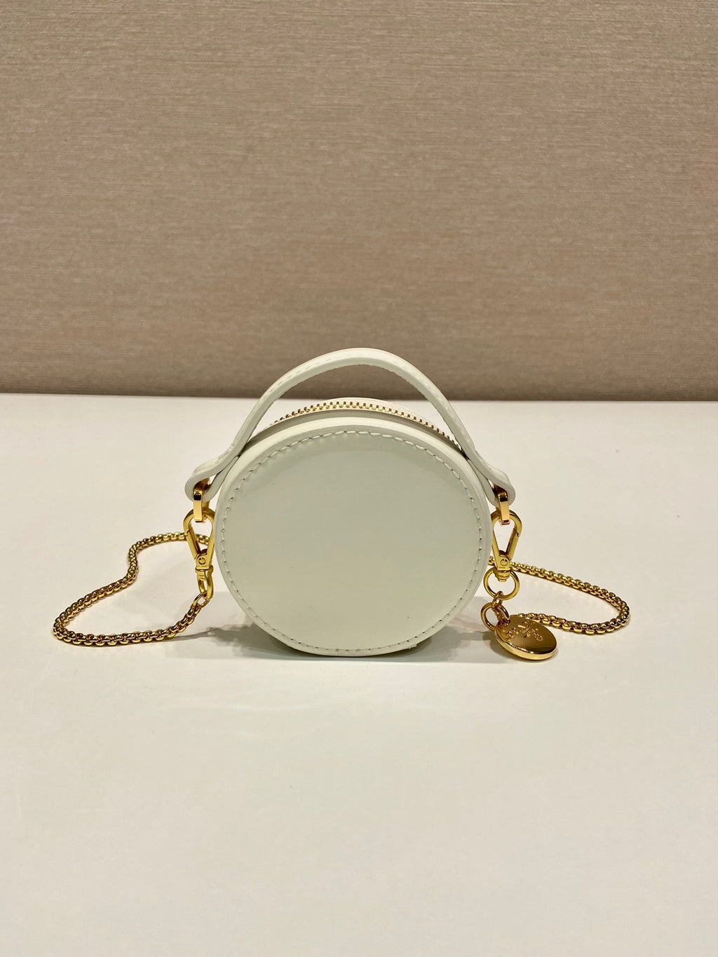 PRADA MINI ROUND BAG 8 IN WHITE GLOSSY CALFSKIN GOLD HARDWARE