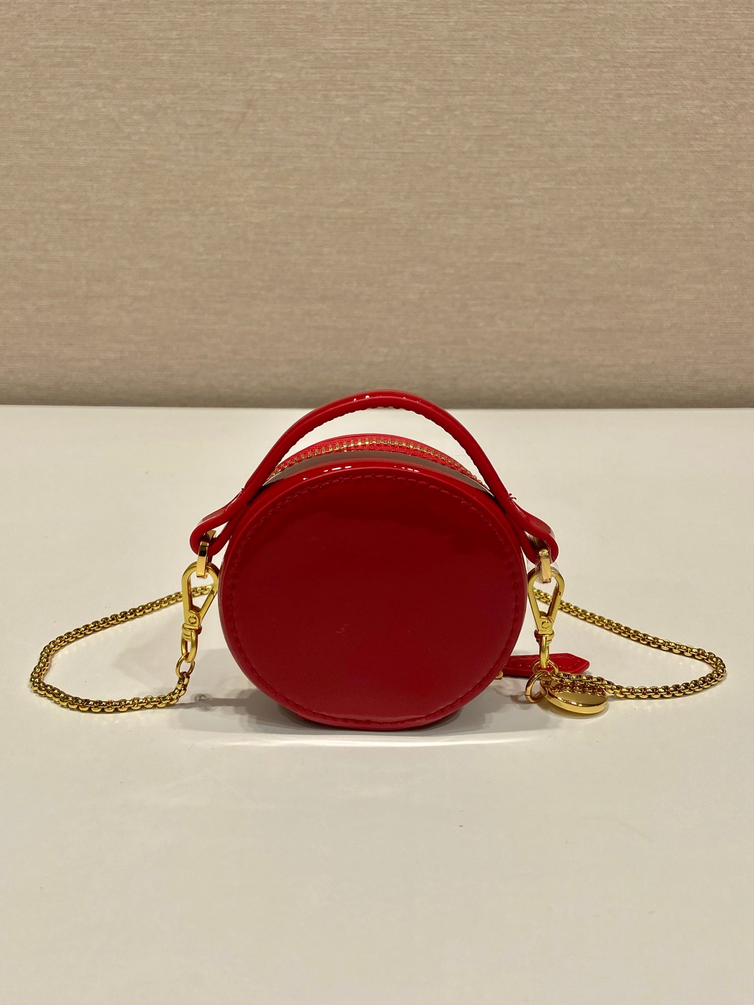 PRADA MINI ROUND BAG 8 IN RED GLOSSY CALFSKIN GOLD HARDWARE