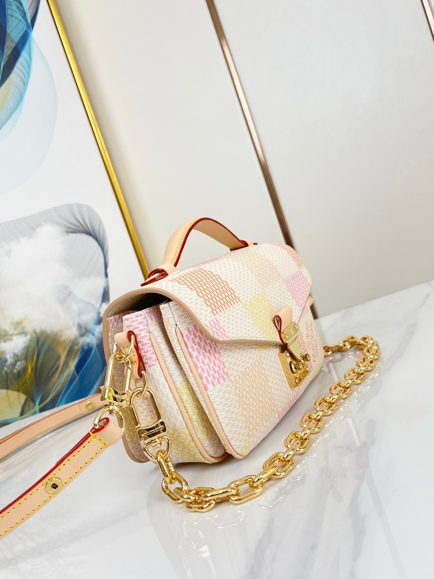 LOUIS VUITTON POCHETTE MÉTIS EAST WEST 21 IN PEACH DAMIER GIANT CANVAS GOLD HARDWARE