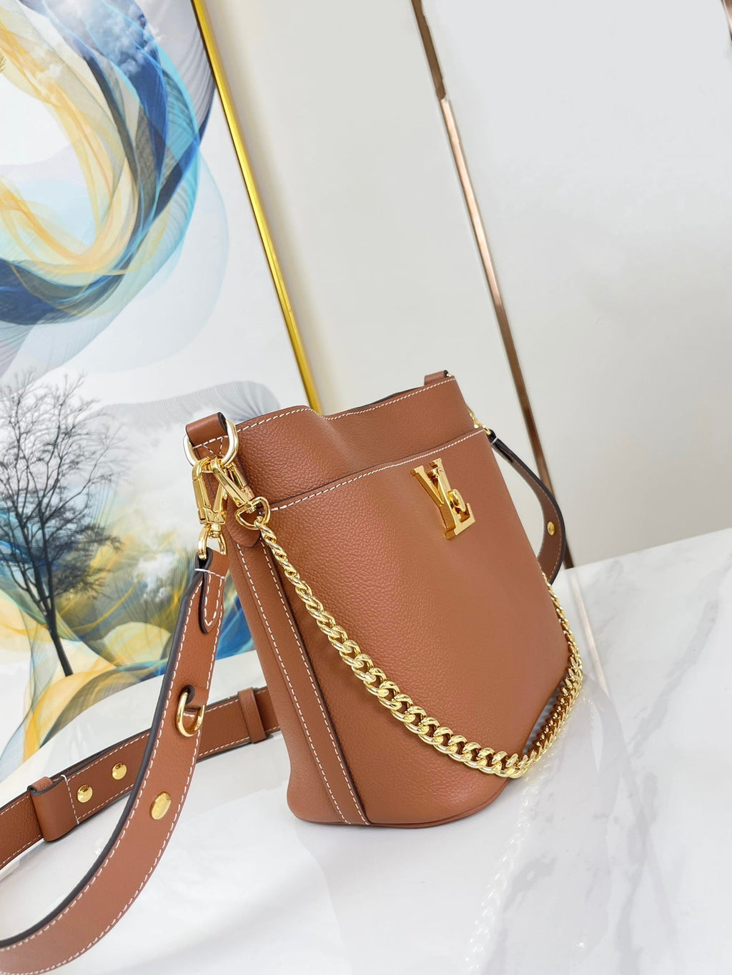 LOUIS VUITTON LOCK AND WALK 20 IN COGNAC GRAINED CALFSKIN GOLD HARDWARE