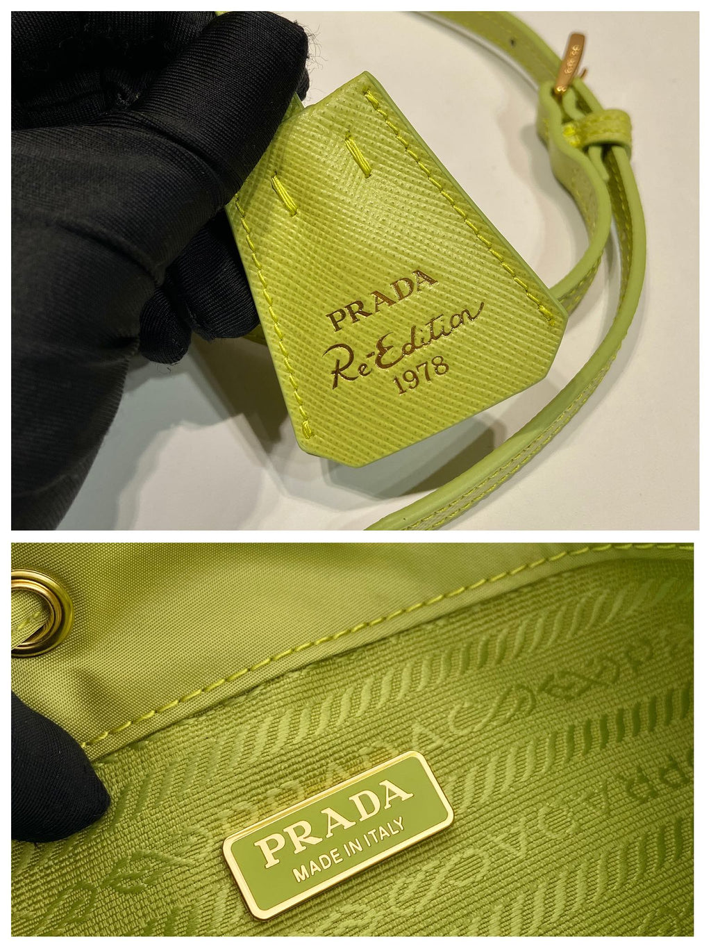 PRADA BUCKET BAG 19 IN APPLE GREEN RE-NYLON AND SAFFIANO LEATHER HANDLE