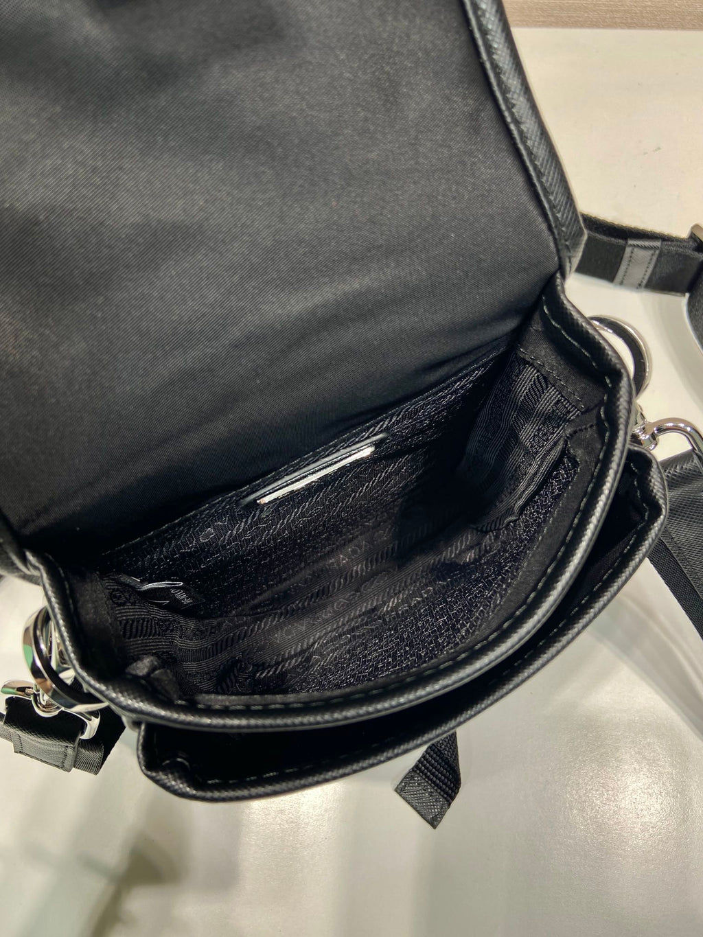 PRADA PHONE BAG 19 IN BLACK RE-NYLON AND SAFFIANO LEATHER TRIM