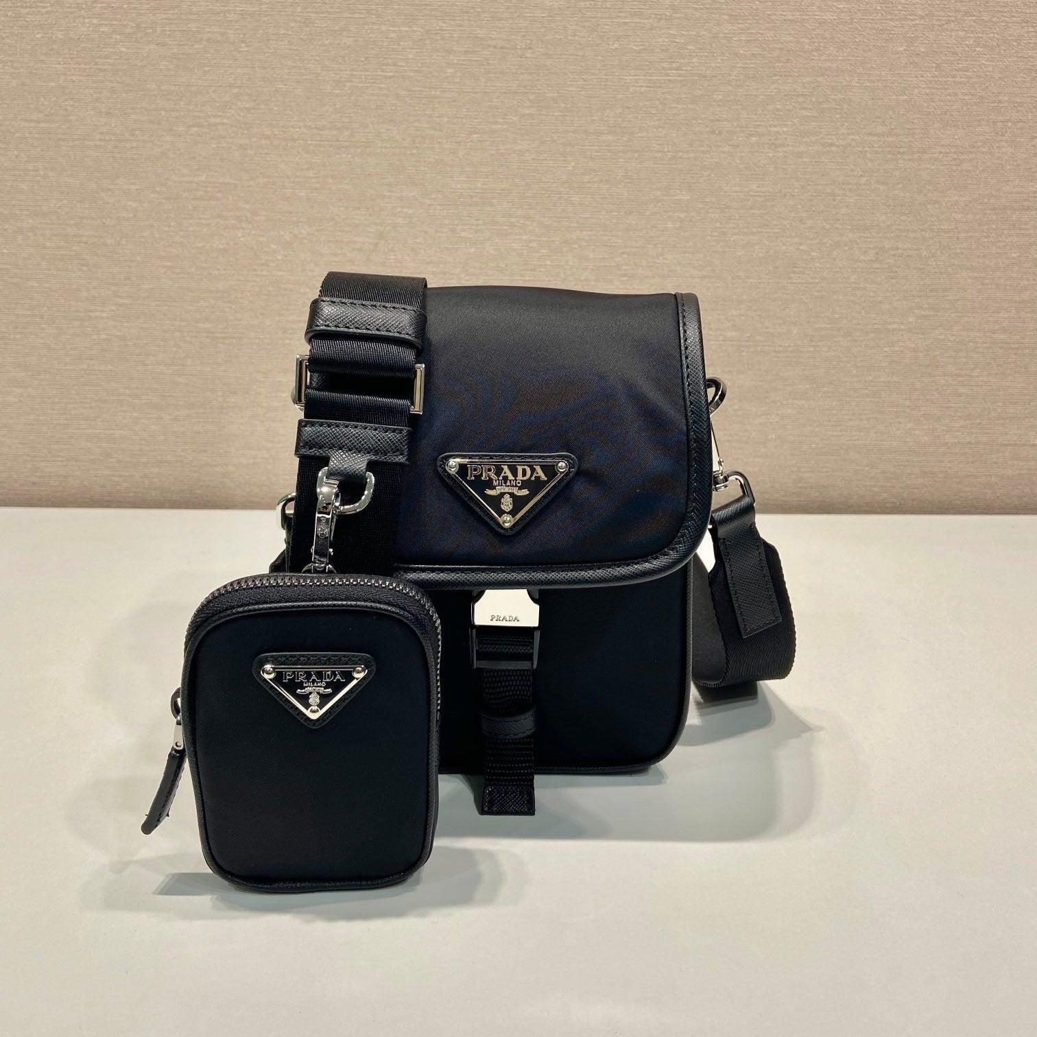 PRADA PHONE BAG 19 IN BLACK RE-NYLON AND SAFFIANO LEATHER TRIM