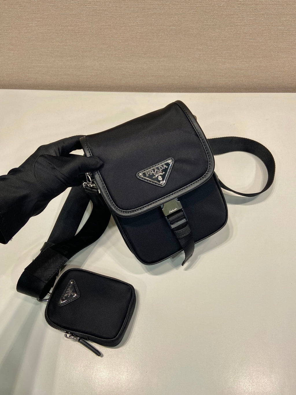 PRADA PHONE BAG 19 IN BLACK RE-NYLON AND SAFFIANO LEATHER TRIM