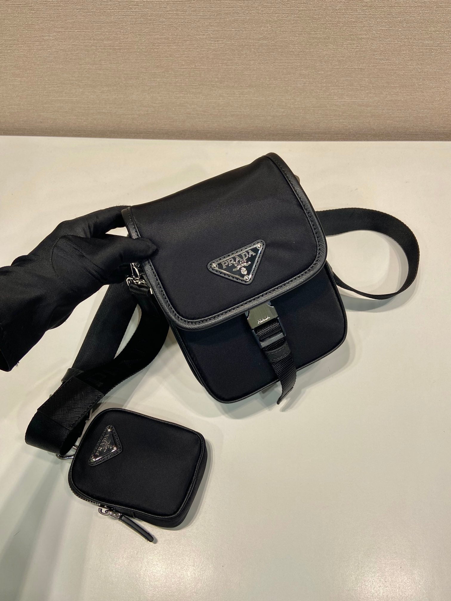 PRADA PHONE BAG 19 IN BLACK RE-NYLON AND SAFFIANO LEATHER TRIM