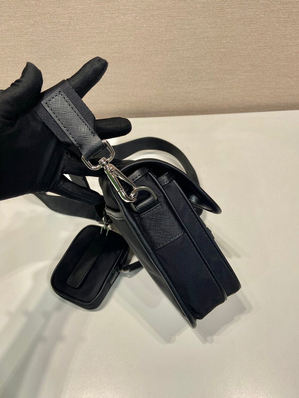 PRADA PHONE BAG 19 IN BLACK RE-NYLON AND SAFFIANO LEATHER TRIM