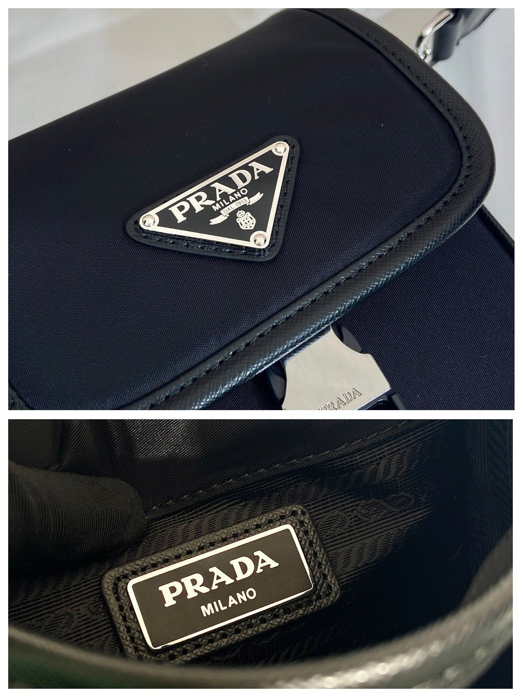 PRADA PHONE BAG 19 IN BLACK RE-NYLON AND SAFFIANO LEATHER TRIM