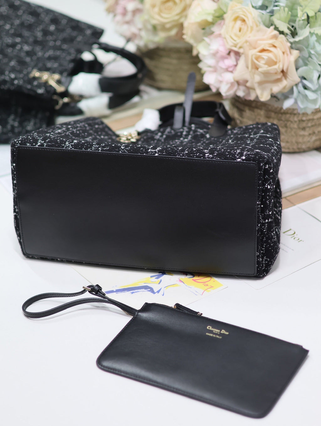 DIOR TOUJOURS BAG 37 IN BLACK MIX WHITE CANNAGE TWEED WITH GOLD HARDWARE