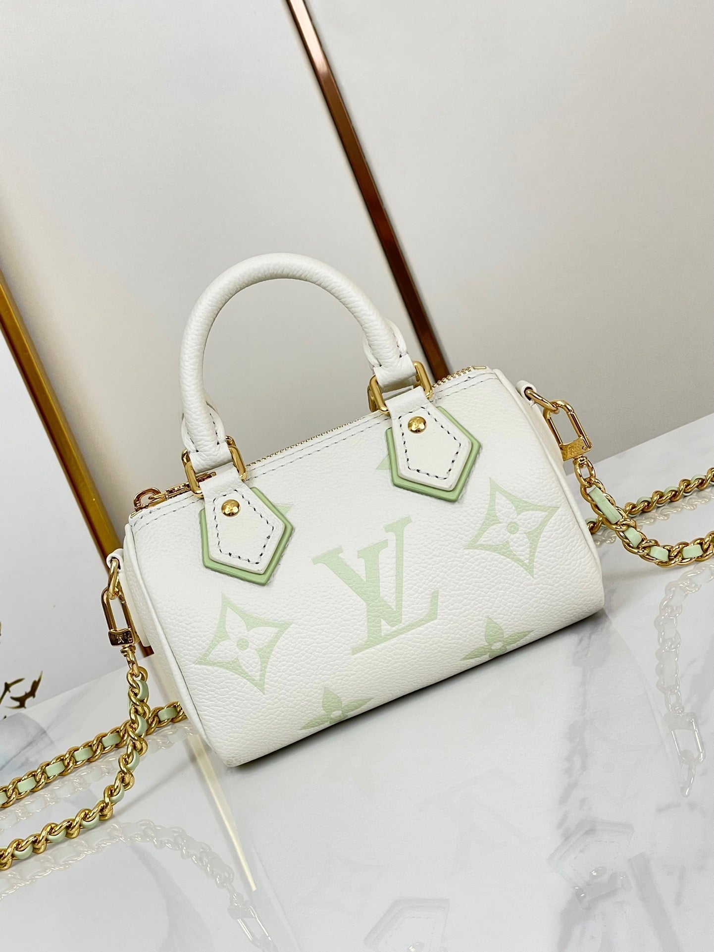 LOUIS VUITTON NANO SPEEDY 16 IN WHITE LATTE MONOGRAM EMPREINTE LEATHER GOLD HARDWARE