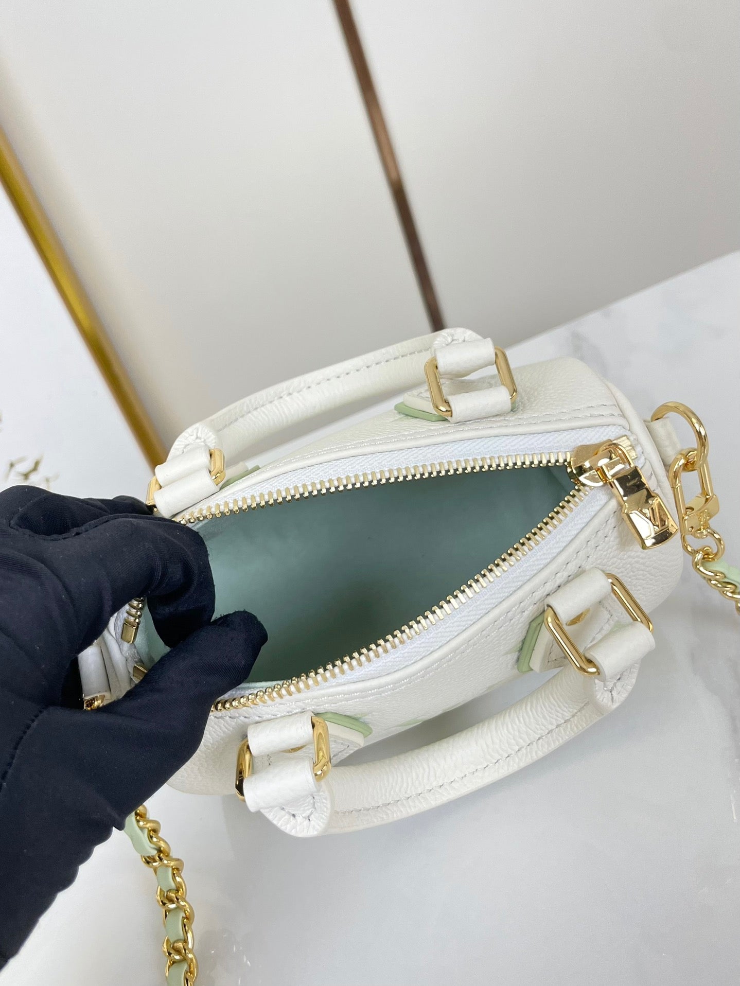 LOUIS VUITTON NANO SPEEDY 16 IN WHITE LATTE MONOGRAM EMPREINTE LEATHER GOLD HARDWARE