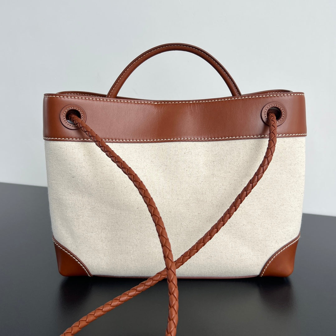 BOTTEGA VENETA MEDIUM ANDIAMO 32 IN WHITE BROWN CALFSKIN AND CANVAS