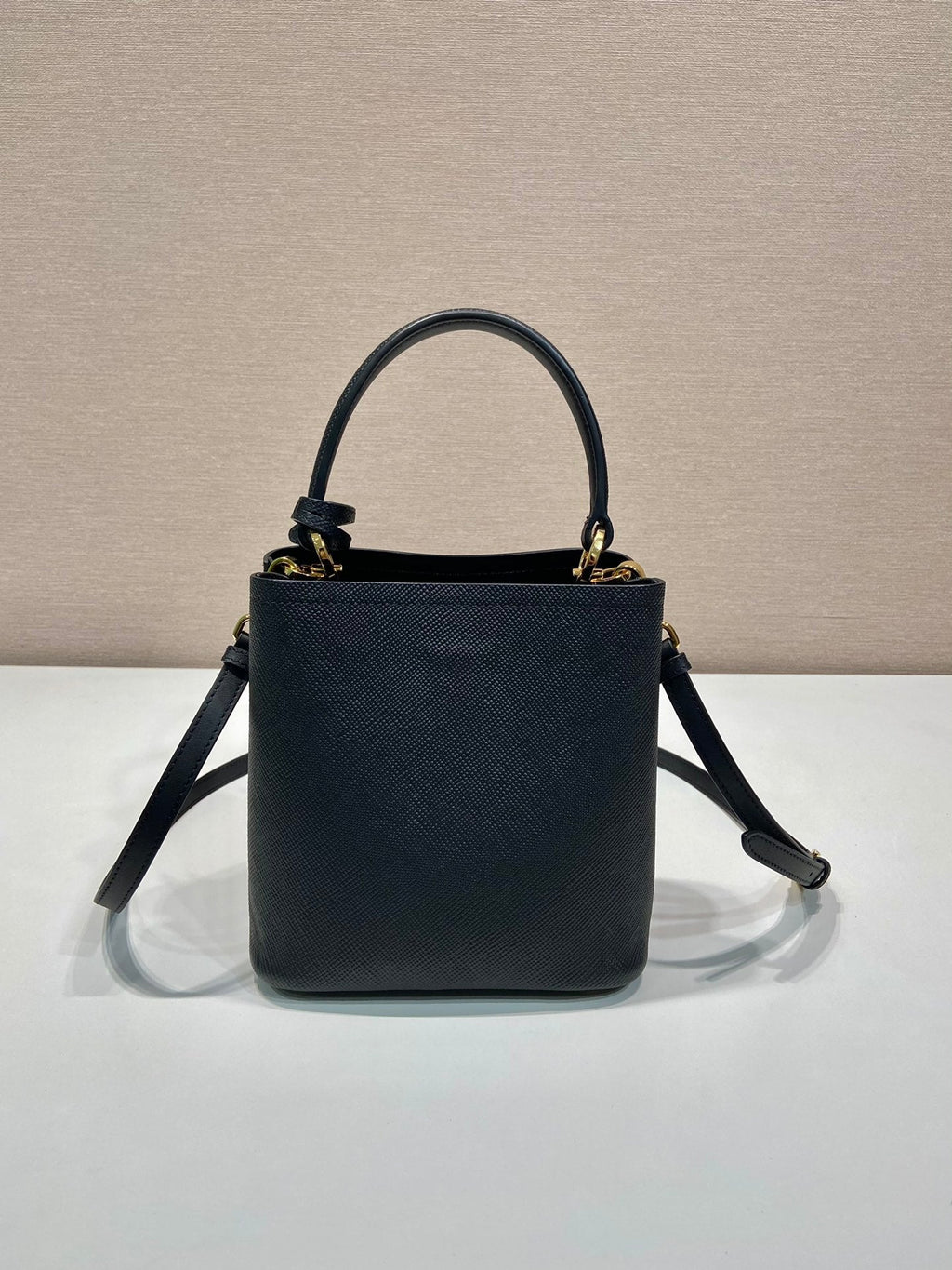 PRADA MINI BUCKET BAG 18 IN BLACK SAFFIANO LEATHER