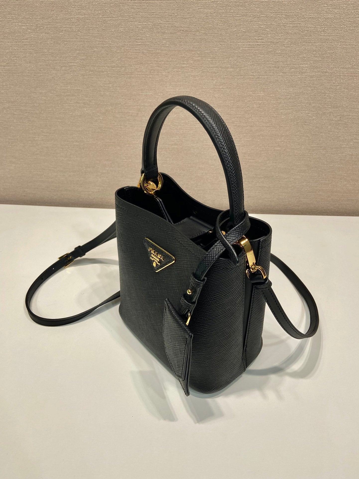 PRADA MINI BUCKET BAG 18 IN BLACK SAFFIANO LEATHER
