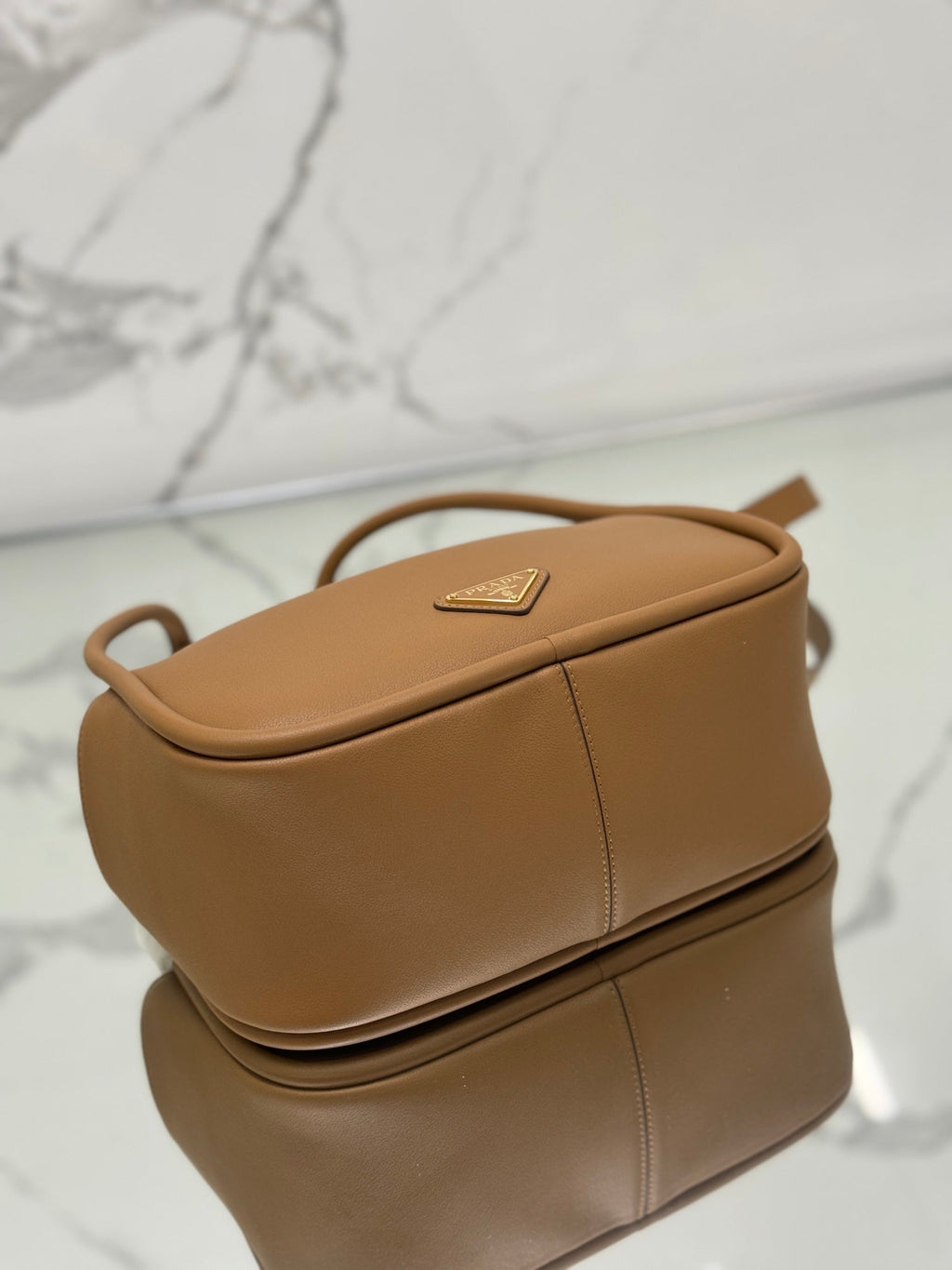 PRADA RLING HANDBAG 25 IN RUSSET BROWN SOFT GRAIN LAMBSKIN