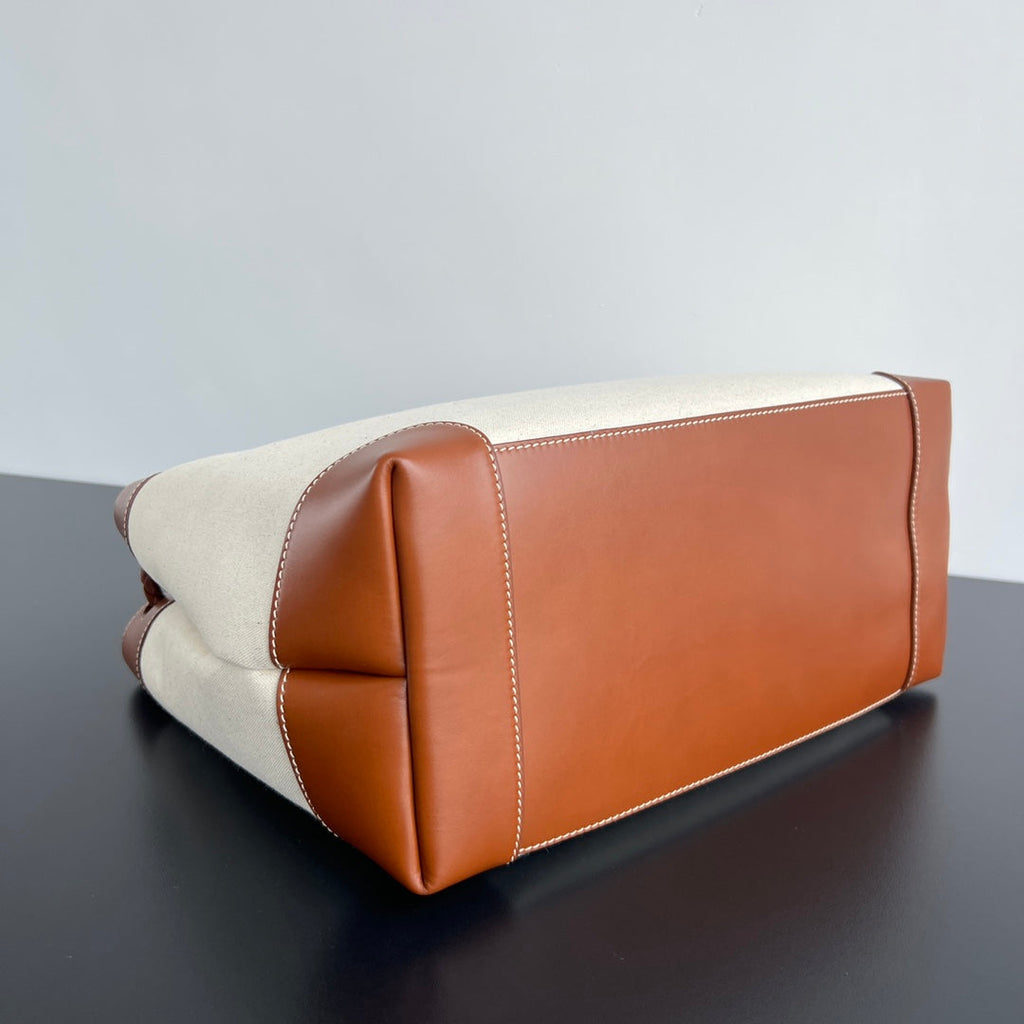 BOTTEGA VENETA LARGE ANDIAMO 42 IN WHITE BROWN CALFSKIN AND CANVAS