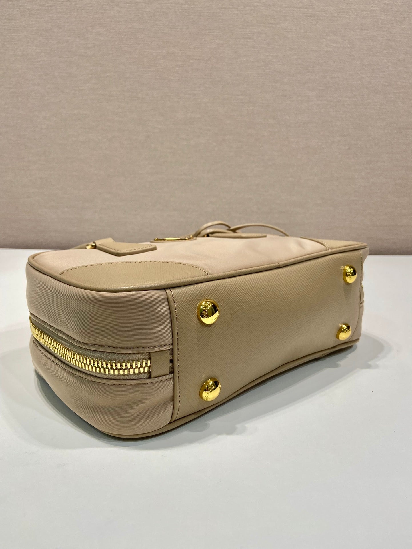 PRADA SMALL TOP HANDLE BAG 25 IN DRIED MOSS NYLON AND CALFSKIN TRIM