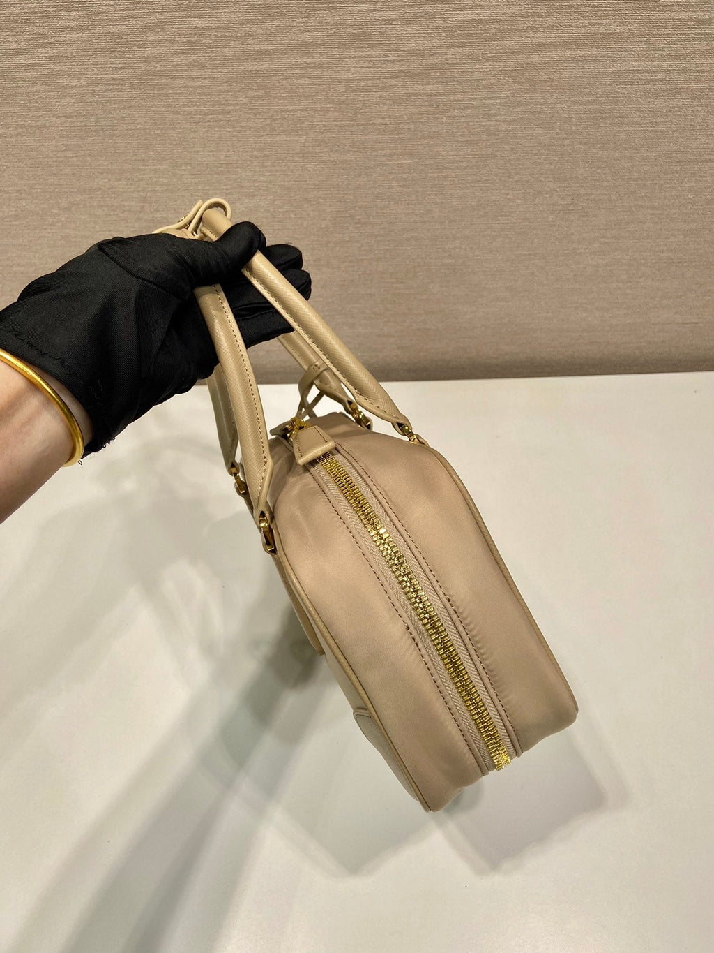 PRADA SMALL TOP HANDLE BAG 25 IN DRIED MOSS NYLON AND CALFSKIN TRIM