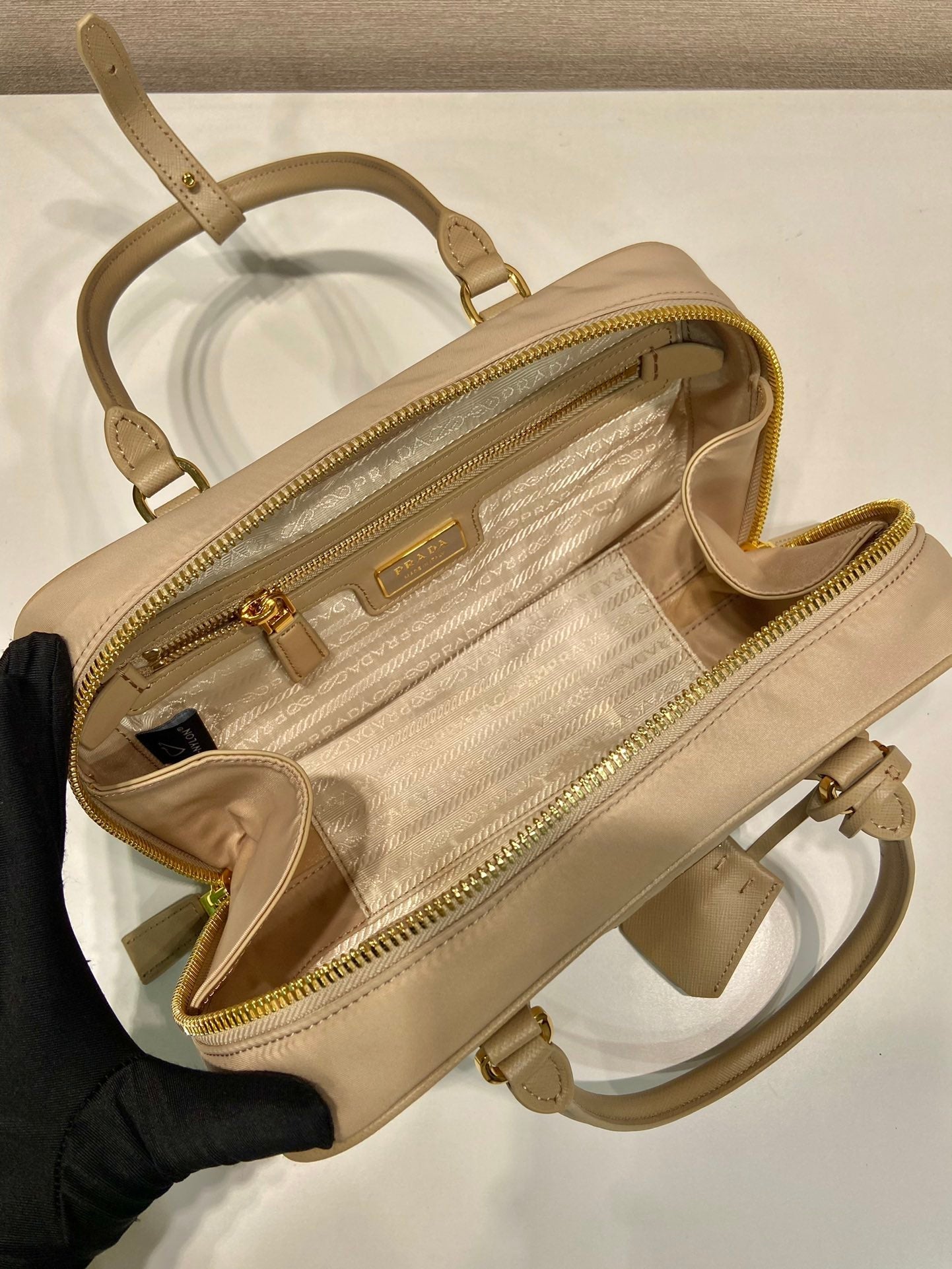 PRADA SMALL TOP HANDLE BAG 25 IN DRIED MOSS NYLON AND CALFSKIN TRIM