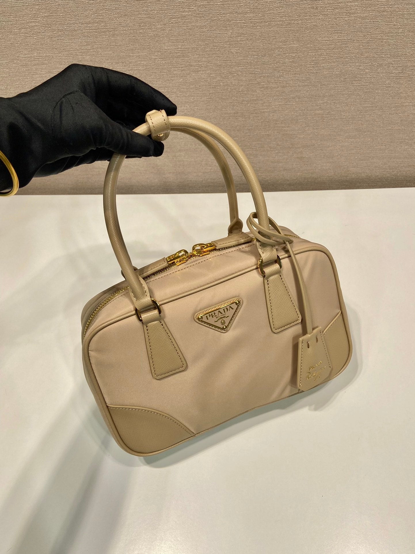 PRADA SMALL TOP HANDLE BAG 25 IN DRIED MOSS NYLON AND CALFSKIN TRIM