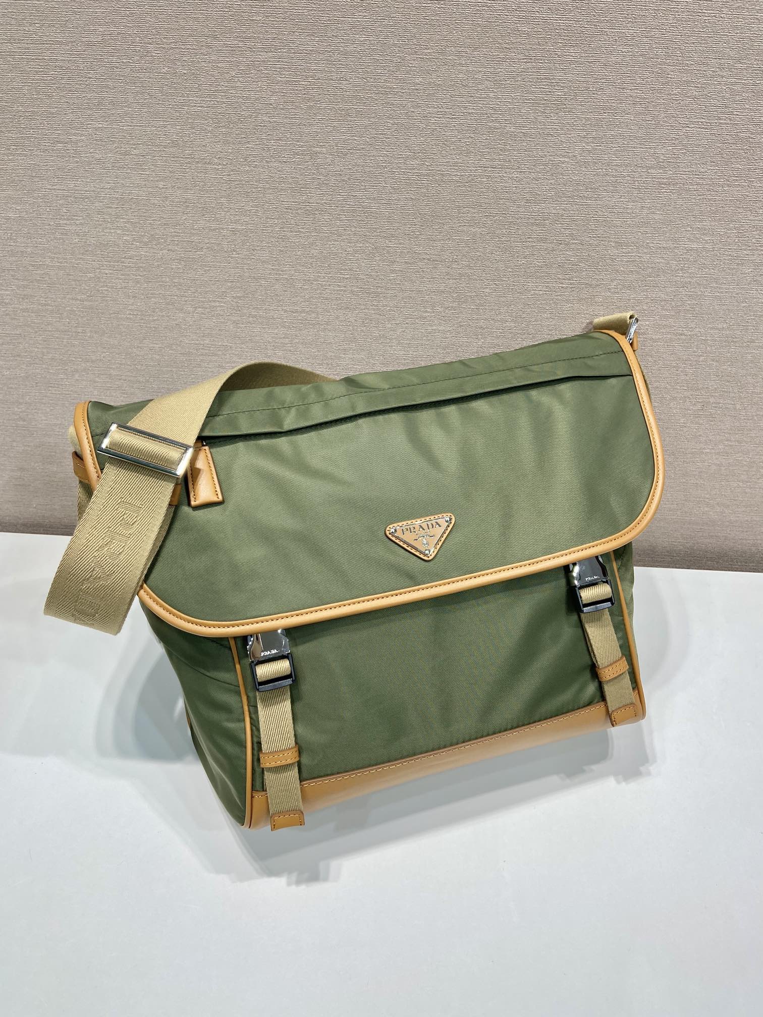 PRADA LARGE FLAP BAG 30 IN SEAWEED GREEN RE-NYLON AND BROWN CALFSKIN TRIM