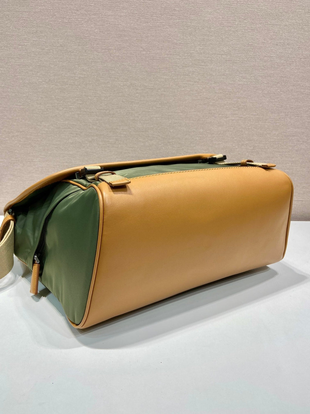 PRADA LARGE FLAP BAG 30 IN SEAWEED GREEN RE-NYLON AND BROWN CALFSKIN TRIM