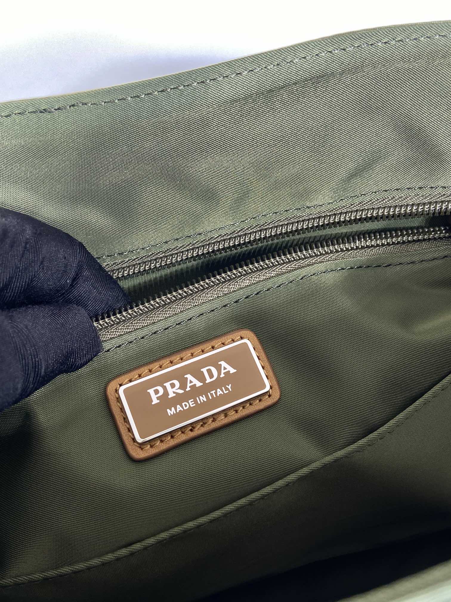 PRADA LARGE FLAP BAG 30 IN SEAWEED GREEN RE-NYLON AND BROWN CALFSKIN TRIM