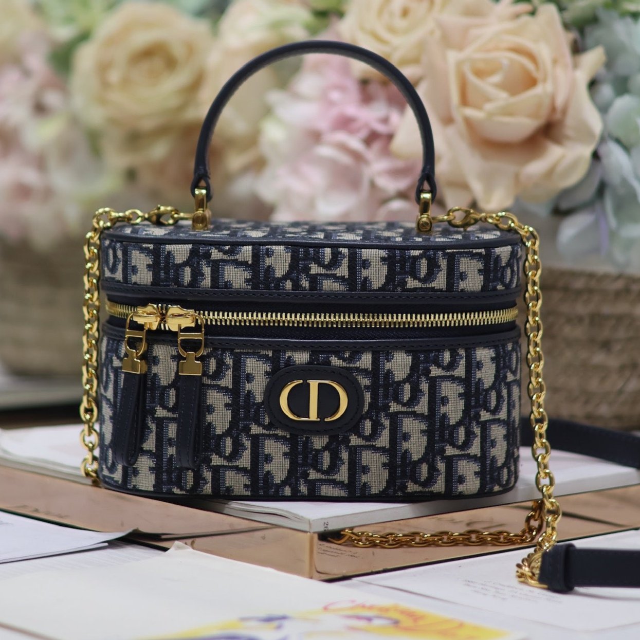 DIOR CARO 16 MINI VANITY CASE IN BLUE MONOGRAM OBLIQUE JACQUARD FABRIC
