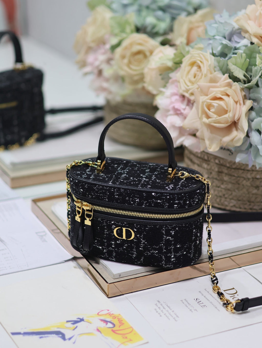 DIOR CARO 16 MINI VANITY CASE IN BLACK MACROCANNAGE TWEED