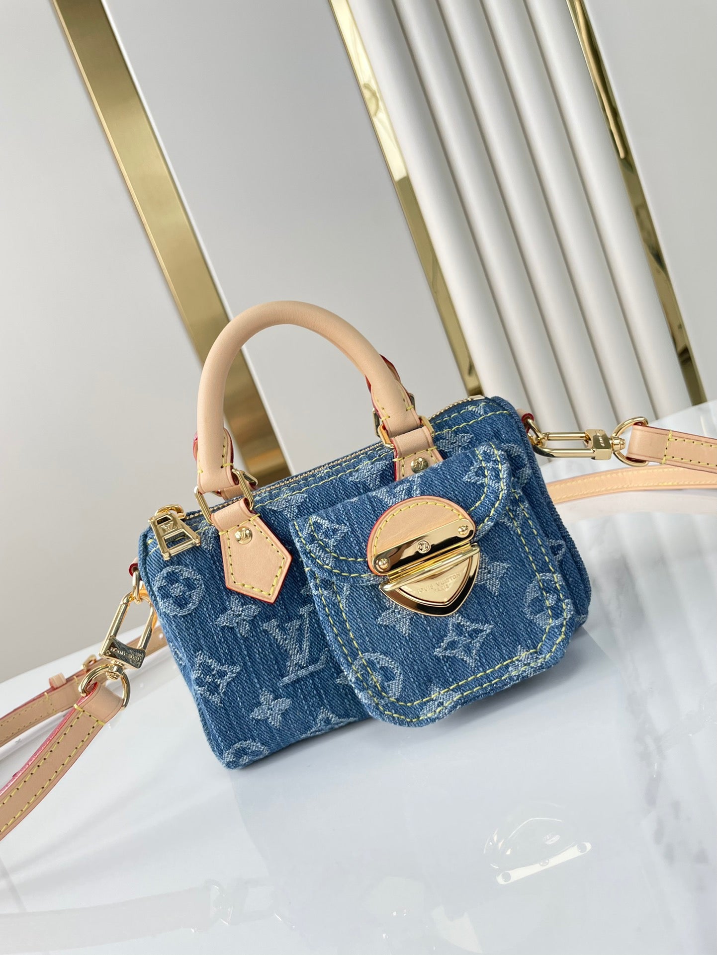 LOUIS VUITTON NANO SPEEDY 16 IN BLUE MONOGRAM DENIM GOLD HARDWARE