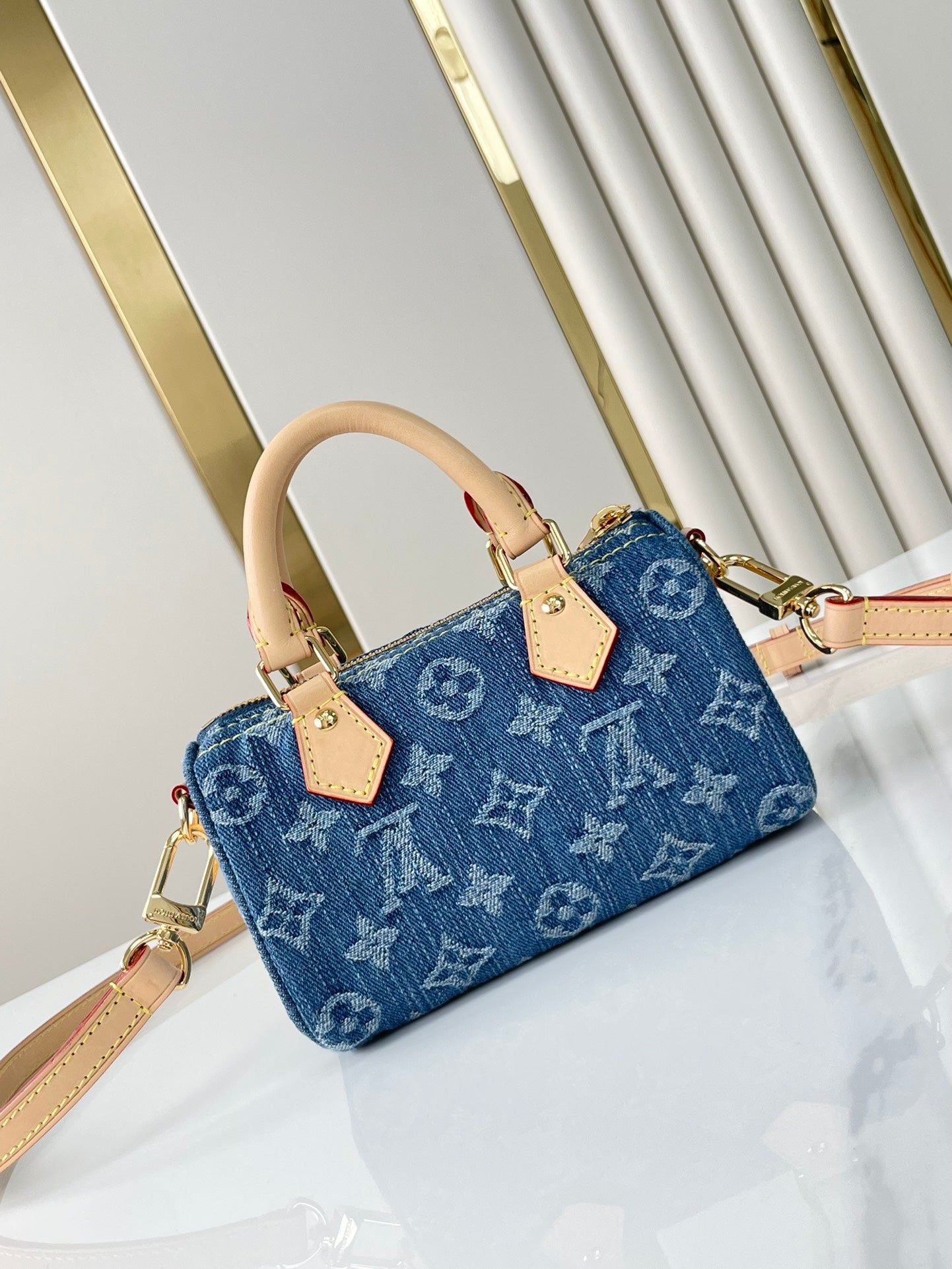 LOUIS VUITTON NANO SPEEDY 16 IN BLUE MONOGRAM DENIM GOLD HARDWARE