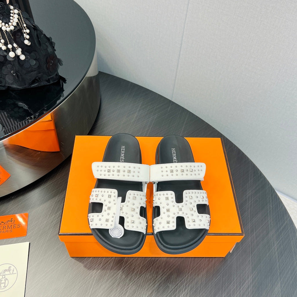 HERMES CHYPRE SANDAL WHITE MIX BLACK CALFSKIN SPECIAL