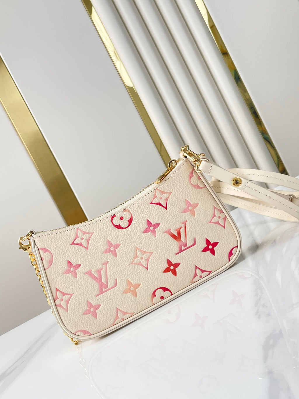 LOUIS VUITTON EASY POUCH ON STRAP 19 IN SUNRISE AQUARELLE MONOGRAM EMPREINTE LEATHER GOLD CHAIN