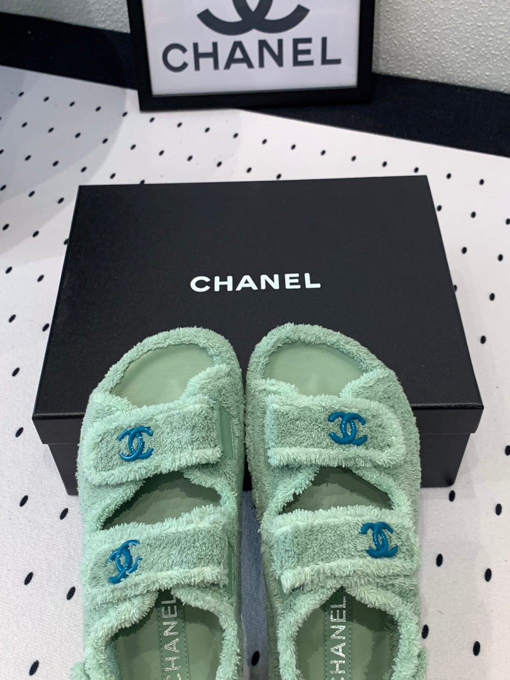 CHANEL DAD SANDALS PLATFORM IN MINT GREEN FUR