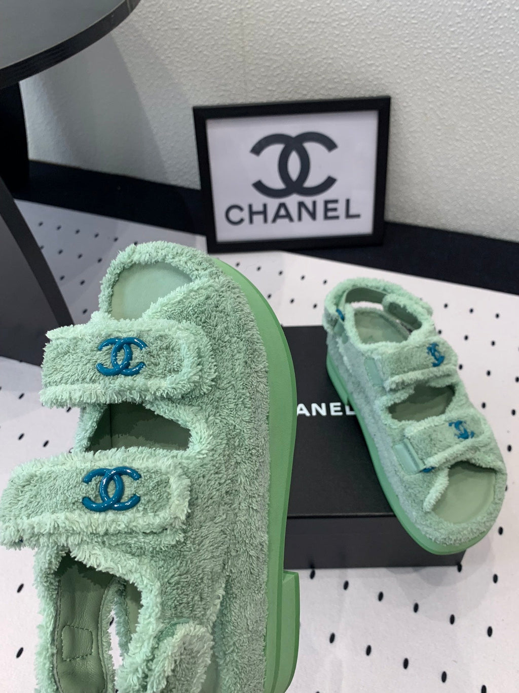 CHANEL DAD SANDALS PLATFORM IN MINT GREEN FUR