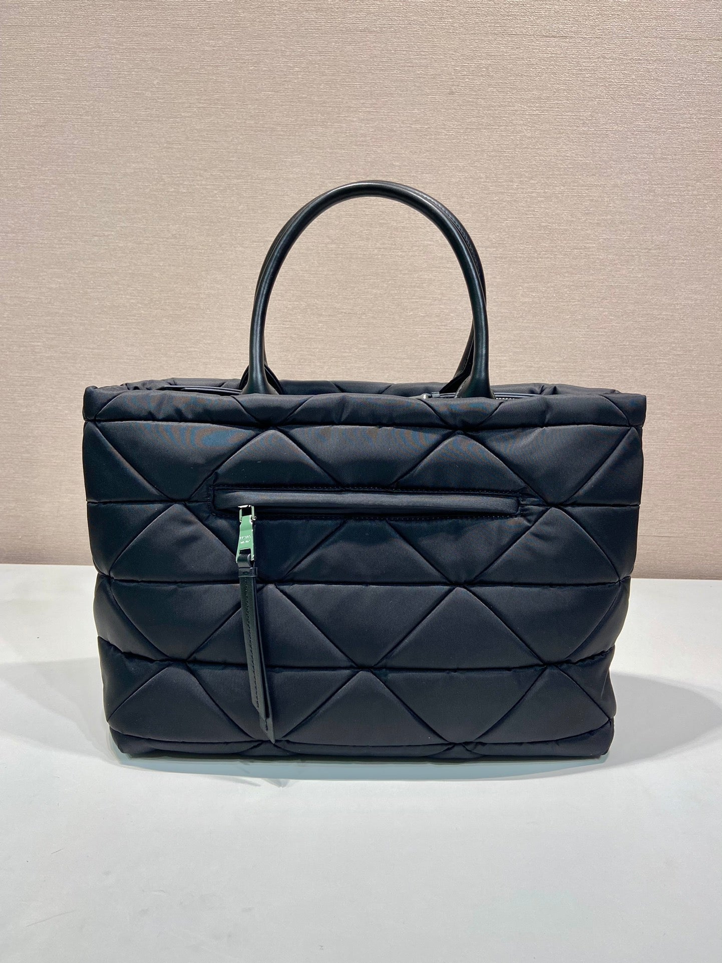 PRADA TRIANGLE PATTERN TOTE BAG 33 IN BLACK QUILTED RE-NYLON