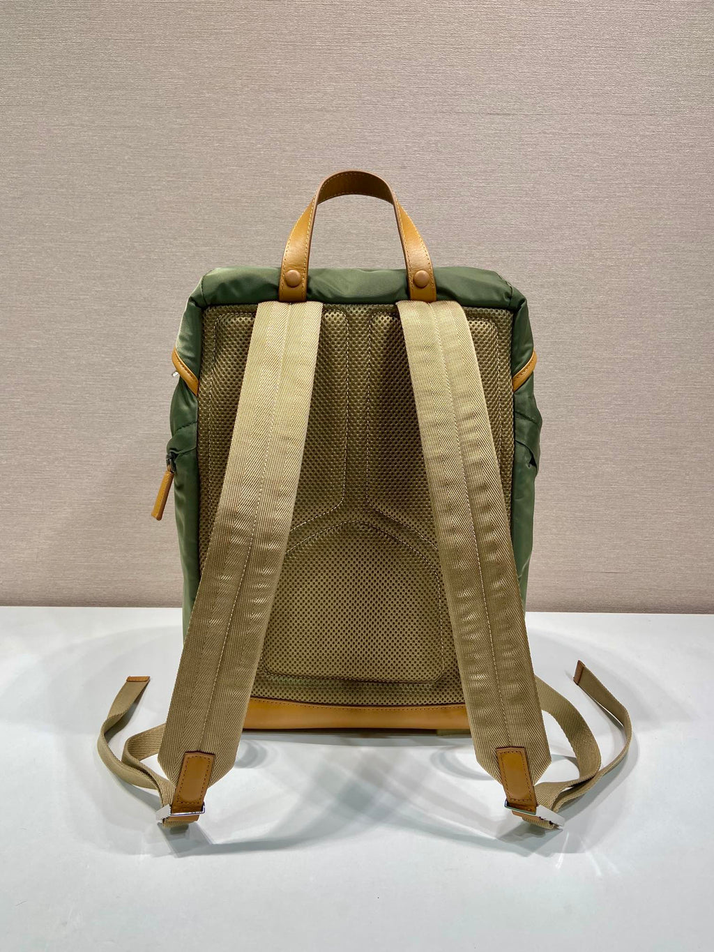 PRADA BACKPACK 45 IN SEAWEED GREEN RE-NYLON AND BROWN CALFSKIN TRIM