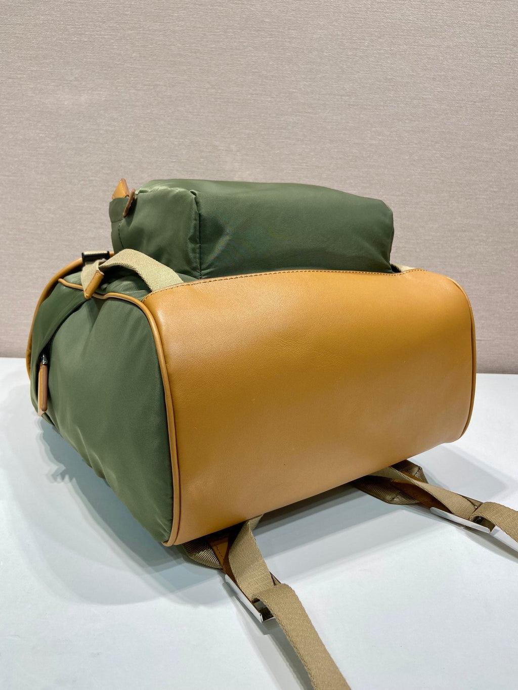 PRADA BACKPACK 45 IN SEAWEED GREEN RE-NYLON AND BROWN CALFSKIN TRIM