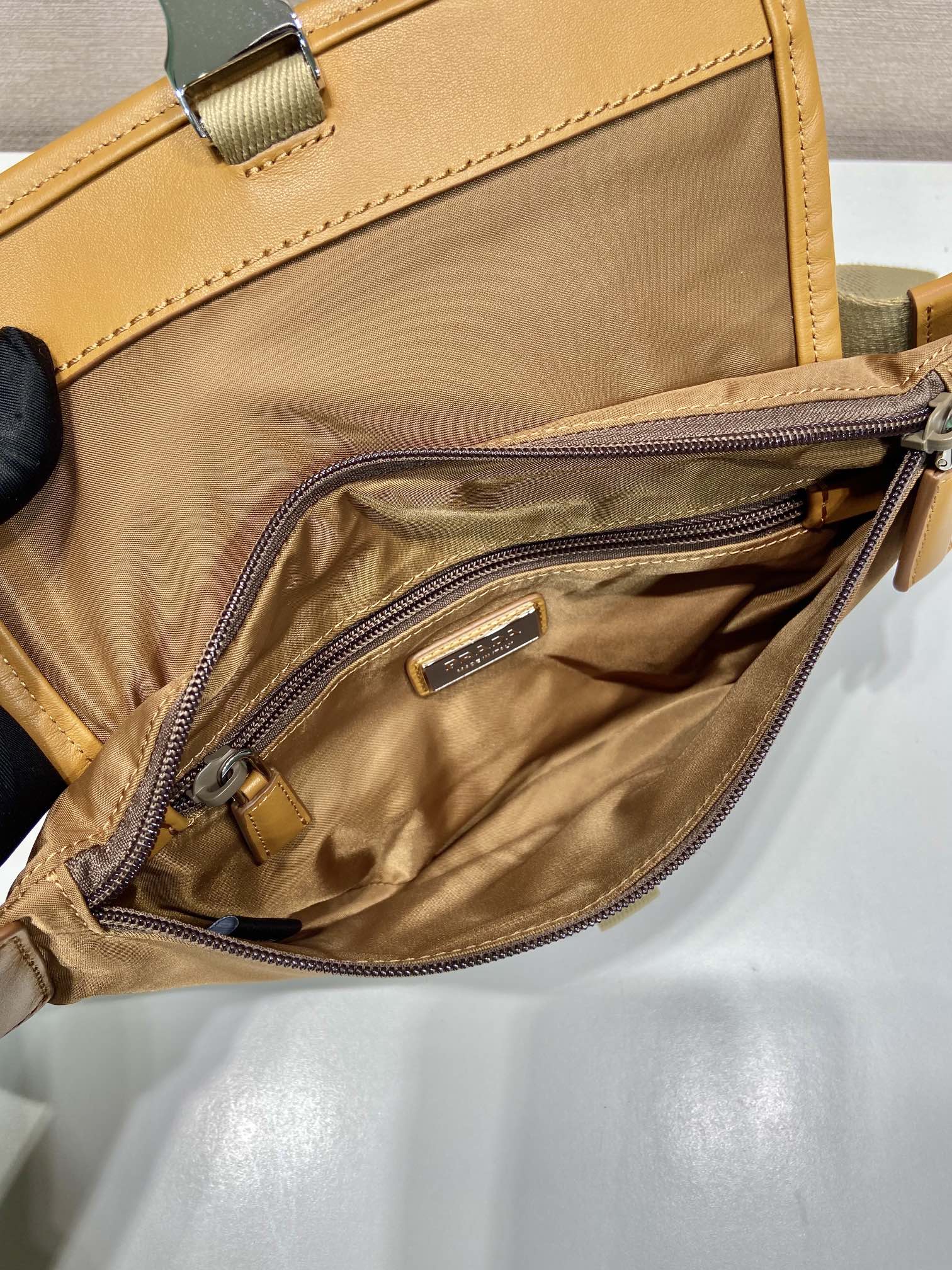 PRADA BELT BAG 18 IN SEPIA BROWN RE-NYLON AND CALFSKIN TRIM