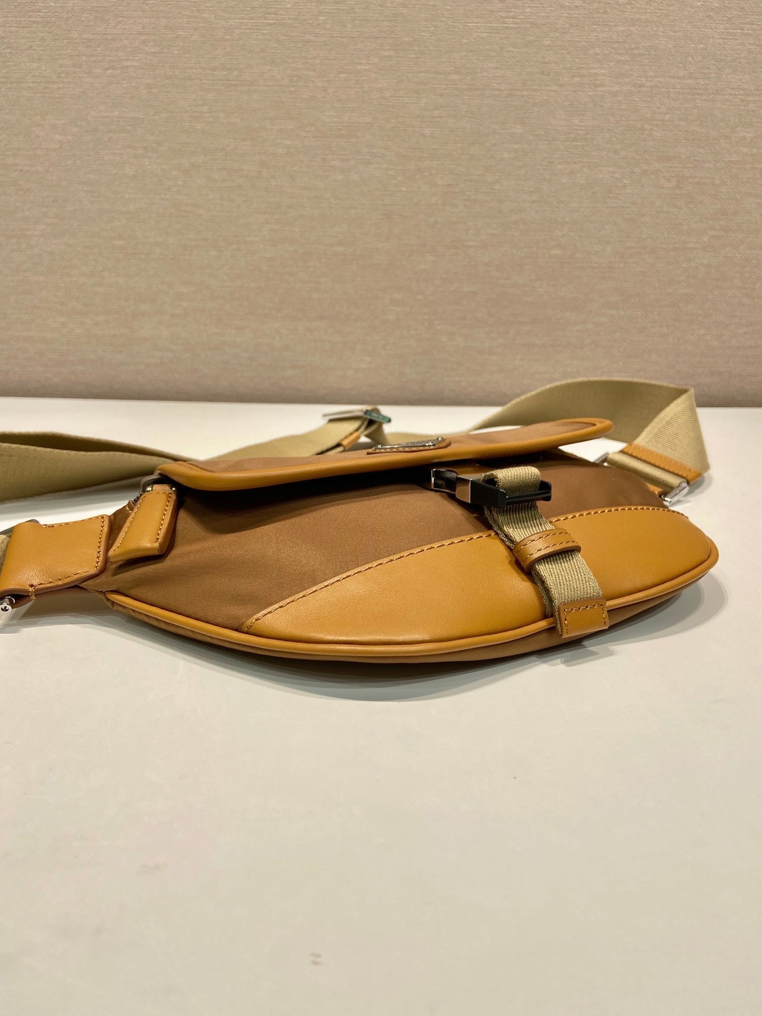 PRADA BELT BAG 18 IN SEPIA BROWN RE-NYLON AND CALFSKIN TRIM