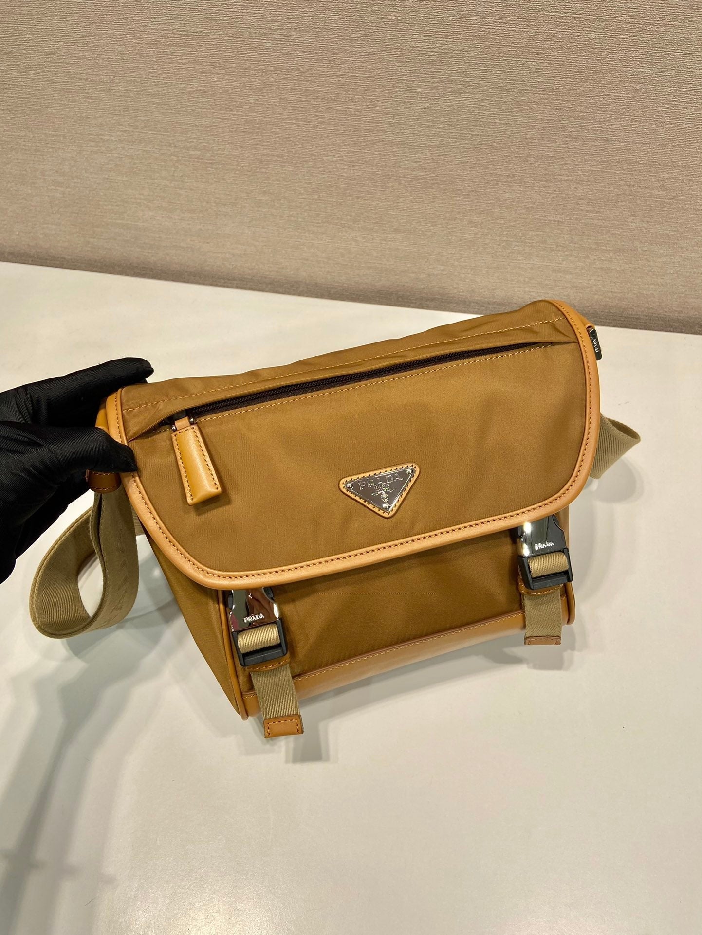 PRADA SMALL FLAP BAG 20 IN CIDER BROWN RE-NYLON AND CALFSKIN TRIM