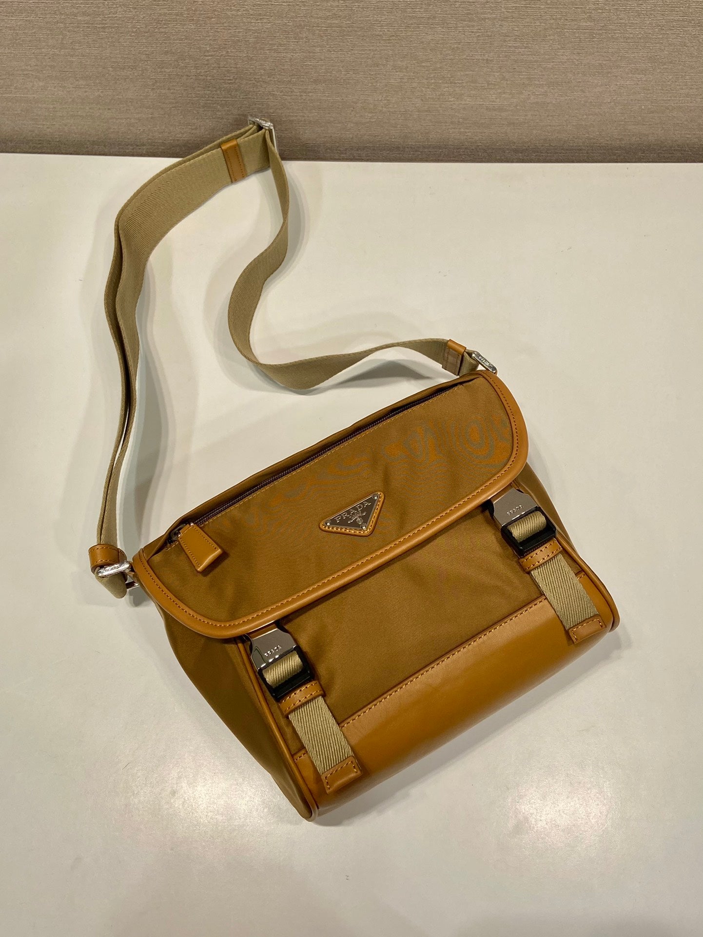 PRADA SMALL FLAP BAG 20 IN CIDER BROWN RE-NYLON AND CALFSKIN TRIM