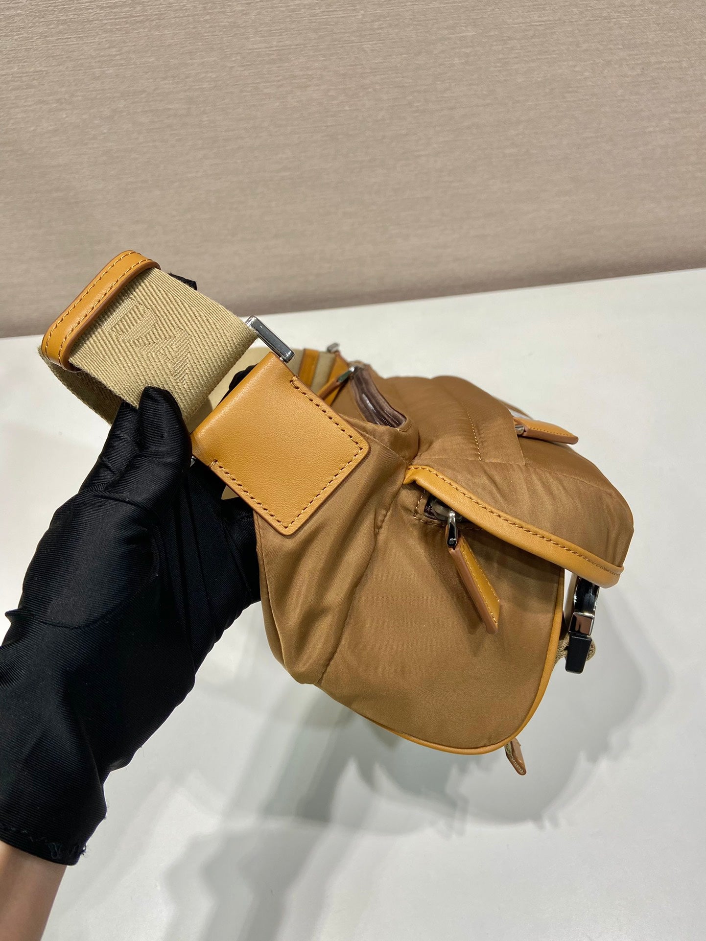 PRADA MESSENGER BAG 20 IN CIDER BROWN RE-NYLON AND CALFSKIN TRIM