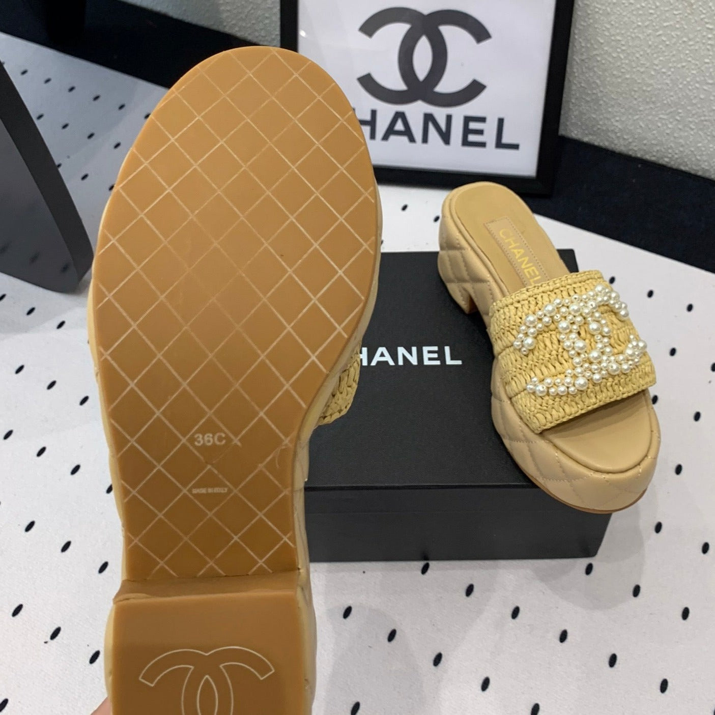 CHANEL Double  pearl platform sandals Sheepskin Fawn Yellow
