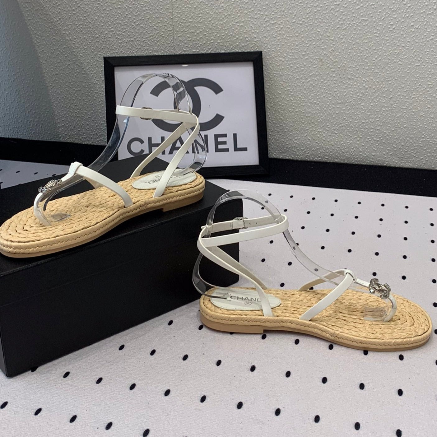 CHANEL Double  Vintage straw sandals replica designer shoe White Beige sheepskin